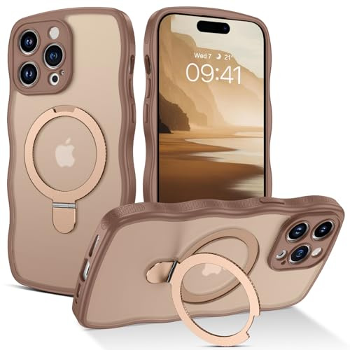 GaoBao for iPhone 14 Pro Max Case with Ring Stand,[Compatible with Magsafe] Curly Wave Frame Phone Case Translucent Matte TPU Bumper Shockproof Protective Cover for iPhone 14 Pro Max,Desert Titanium