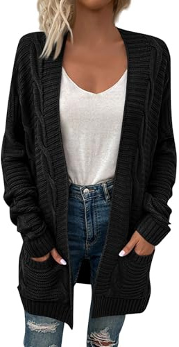 Générique Cardigan Femme Long Gilet Grosse Maille Femme Grande Taille Automne Top Chaud Haut Fin Manches Longues Cardigan Casual Uni Dentelle Oversize Blouses Vêtements 12#Noir XL