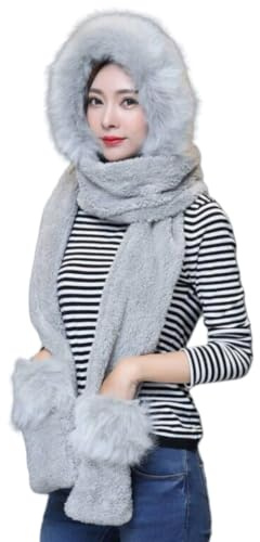 ITODA 3 in 1 Faux Fur Hat Scarf Gloves Set Winter Hat Fluffy Plush Hooded Scarf Hats Gloves Warm Beanie Hat Ear Flaps Long Scarves for Women Girls