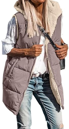 Cowyams Teddy Fleece Weste Damen Lang Wollweste Ärmellose Steppweste Warme Dicke Wendeweste Einfarbig Casual Fellweste Bequem Weich Plüschweste mit Kapuze