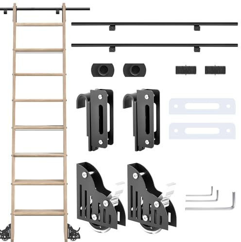 Zonon 6.6 ft Sliding Library Ladder Hardware Kit Barn Door Hardware Kit Includes Telescope Hook Bottom Wheel 300lb Load Capacity for Rolling for Loft Bookshelf Fit 1-1/8 Stepladder, No Ladder