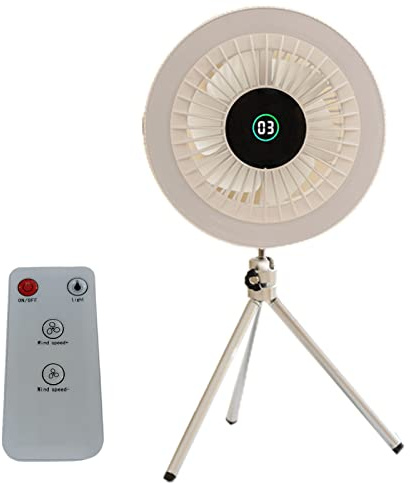 AMISENK Ventilador colgante de 3 velocidades USB recargable 4000 mAh LED para camping, trípode flexible, control remoto para habitación, camping, techo, para dormitorio, con luces y control remoto