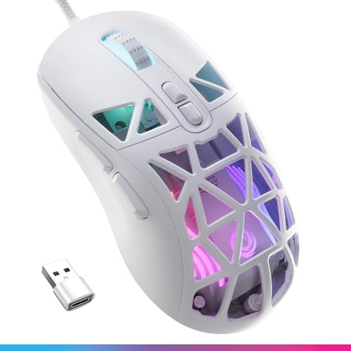 Oniverse Högpresterande trådbunden LED-spelmus – 12 800 DPI optisk sensor, ultralätt, polling rate 1 000 Hz, 7 programmerbara knappar, för PC/Mac/PS5/PS4, Kryo (Luxion White)