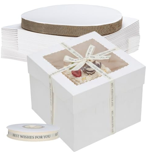 Iyxeo 12 stycken tårtlådor med kakbräda, vit för tårtor 25 x 25 x 20 cm | Hög tårtlåda med kakfat och 30 m Best Wishes presentband | Tårtkartong tårta transportlåda engångs för tårtor | Kök