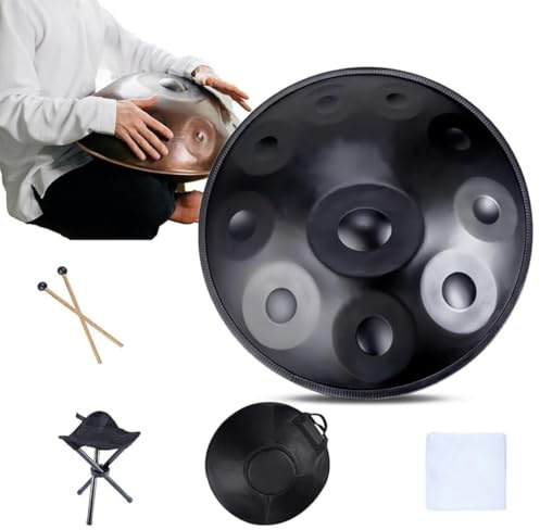 Stainless Steel Hand Pan Drums - 22 Inches Handpan Drum Sets, 432Hz/440Hz D Minor 9/10/12 Notes Steel Hand Pan Percussion Instruments, For Music Education Family Reunion(Black,9 notes(432HZ))
