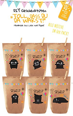 6x Monster Geschenktüten/Papiertüten liebevoll bedruckt aus Kraftpapier, zum Verpacken von Geschenken, Gastgeschenken, Mitgebsel, Giveaways, Kindergeburtstag, Hochzeit.