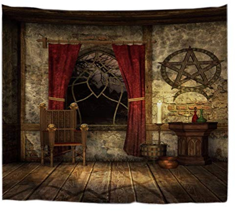A.Monamour Wanddekor Wandteppiche Vintage Alten Gotischen Mittelalterlichen Haus Pentagram Symbol Dekore Mystischen Raum Kunst Gedruckt Stoff Wand Gobelin Wandbehänge Vorhänge Tischdecke Bett Deckt