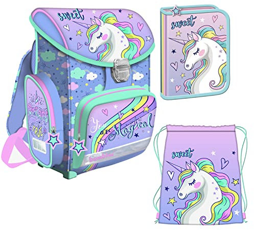 Goldkids Einhorn Ranzen Schulrucksack Schulranzen, Federtasche Federmappe, Schuhbeutel Turnbeutel 3 teiliges Set Schulset