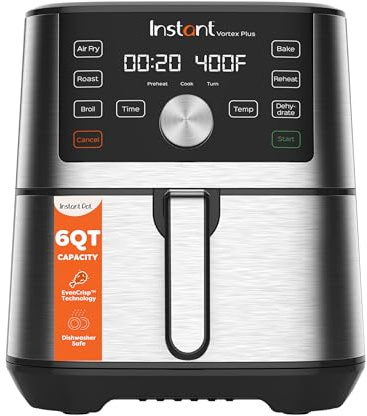 Instant Pot 6QT VORTEX Plus Air Fryer, 6-in-1, Air Fry, Broil, Dehydrate, Crisp, Roast, Reheat, Bake, Dishwasher-Safe Airfryer basket, from the Makers of Instant Pot, Stainless Steel