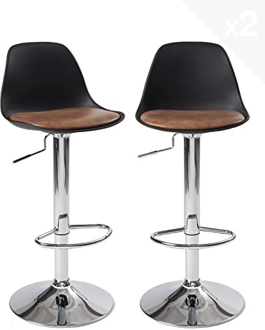 KAYELLES - Juego de 2 taburetes de Bar, diseño de cojín de Piel sintética, Efecto Vintage Acolchado, Soporte para pie, pie Cromado Regulable en Altura y Giratorio 360° Sig + (Negro-marrón)