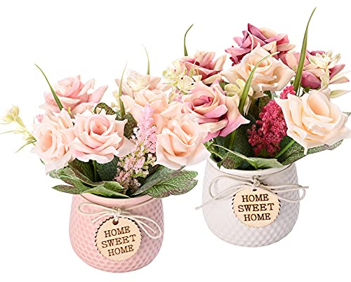 LUEUR Artificiell krukväxt, 2 st falska blommor i kruka, sidenros, bukett, dekoration med keramik, vas, falska växter, blomsterarrangemang för bordsuppsatser, hemmakontor, bröllopsinredning (rosa och mörkrosa)
