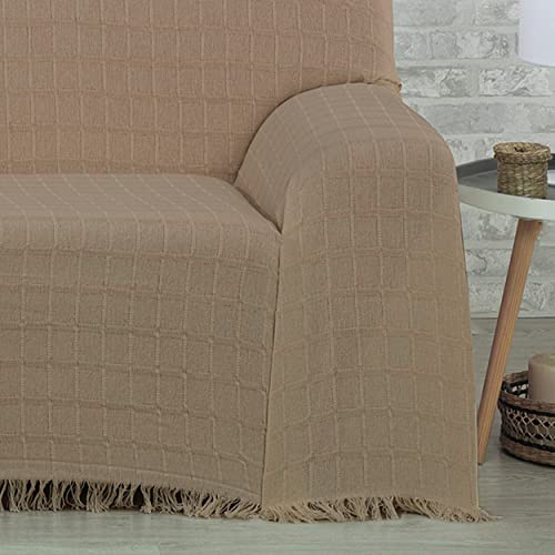 DALINA Colcha Multiusos Sofa,Manta Foulard,Plaid para Cama,Cubresofa Cubrecama,Comoda Practica y Suave. Poliester Algodón con Bordaje de Guadro Camello 125X180CM