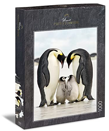 Ulmer Puzzleschmiede - Puzzle „Familienglück“ - Klassisches 1000 Teile Puzzle - Pinguine als originelles Tierfoto – Die Pinguin-Eltern wachen über den kleinen Nachwuchs in der Winter-Landschaft