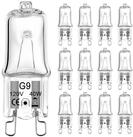 G9 Bulb 40W, 12 Pack G9 Halogen Light Bulbs 2 Pin Base T4 JCD Type 120V Xenon Small Light Bulb for Chandeliers, Range Hood Light, Bathroom Light Bulbs, Cabinet Lights, Dimmable, 2700K Warm White