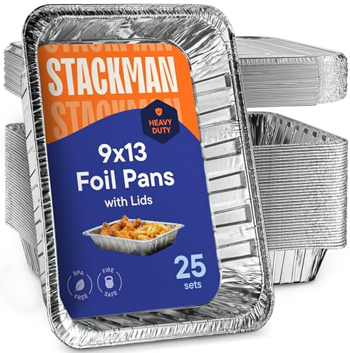 Aluminum Pans 9x13 Disposable Aluminum Foil Pans with Lids [25-Sets] Large Baking Pan Trays - Heavy Duty Tin Tray & Lid - Half Size Chafing Dishes for Roasting, Cooking, Heating or Steam