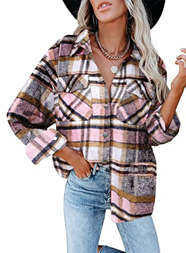 Iris Sprite Chemise à Carreaux en Flanelle pour Femme - Manches Longues - Chemise boutonnée en Velours côtelé (Rose, M)