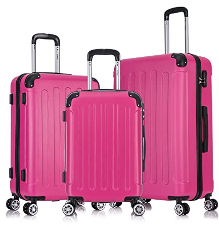 Flexot® F-2045 Koffer, Handgepäck & 3tlg Kofferset (16 Farben zur Auswahl) Zwillingsrollen Bordcase Suitcase Reisekoffer Koffer Kofferset Trolleys Hartschale (3tlg. Set, Rose)