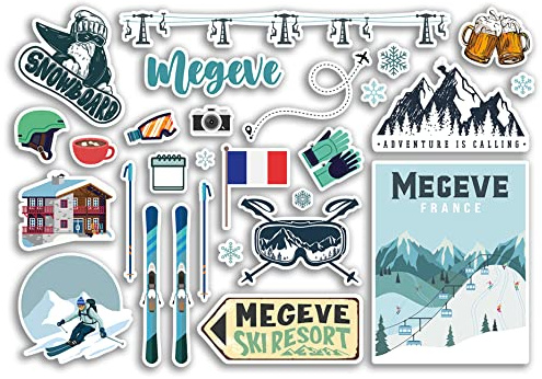 A5 Aufkleberbogen Megeve Vinyl Aufkleber – Frankreich Französisch Ski Resort Berge Snowboard Urlaub Flagge Reise Schnee Sport Gepäck Scrapbooking #79054