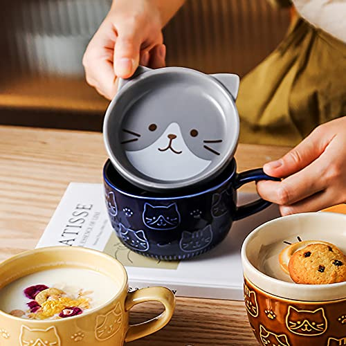 Kafei 300ml Japonais Mignon Tasse en Céramique Tête de Chat Kawaii à Café avec Couvercle pour Maison Couple Déjeuner Lait et Eau