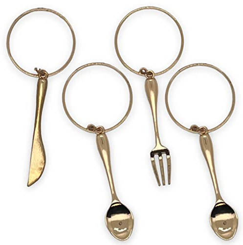 4 Stück Set Serviettenringe mit Anhänger für Zuhause, Hochzeit, Urlaub, Party, aus Metall, Ø 3,6cm (Besteck-Anhänger goldfarben)