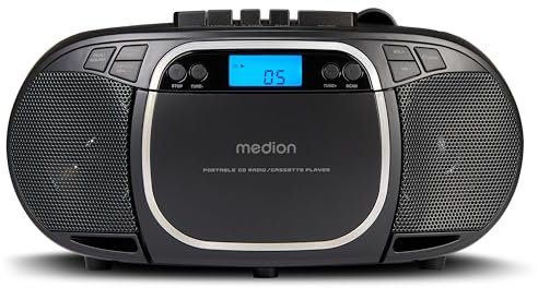 MEDION E66476 Stereo Sound System (Boombox, CD-Player, MP3, Kassette, tragbarer Kassettenspieler für Kinder, UKW Radio, AUX, Kopfhörer, Netz & Batterie) schwarz