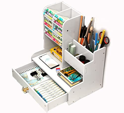 Notwoe Organizador Escritorio con Cajón,Organizador de Escritorio Versátil,Organizador Rotuladores de Escritorio,Lapiceros Para Escritorio Blanco Para Casa,Oficina y Escuela.