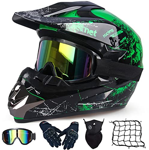 WYXAXNM Casco da Motocross, Casco Integrale per Adulti e Bambini, con Occhiali Guanti Face Mask Rete del Casco, Casco da Cross ATV MX Quad Bike Go-Kart Casco da Motociclista - Calotta in ABS,Green-XL