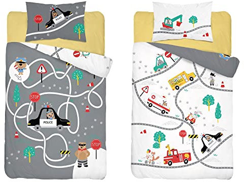 Pullmer Kinderbettwäsche aus 100% Baumwolle, Babybettwäsche, zweiseitiges Wendedesign, Motiv-Bettwäsche 2-teiliges Set - 1x Bettdeckenbezug und 1x Kissenbezug (Grau Polizei, 100 x 135 cm)