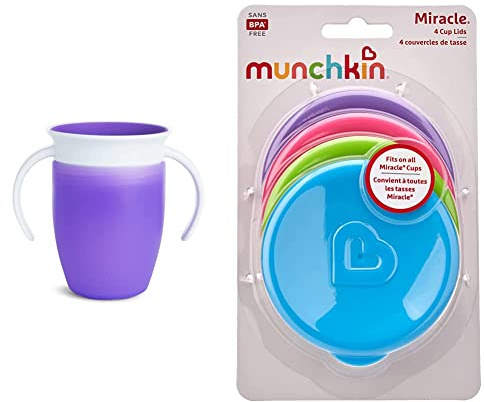 Munchkin Taza para Bebés, Vaso para Niños de 207ml sin Pitorro, Diseño para Beber de 360°, 4 Tapas para Vasos Miracle, Morado, 4 Unidades