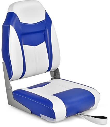 GYMAX Folding Boat Seat, Low/High Back Captain Chair with High-density Sponge Padded Cushions and Fixing Strap, Ergonomic Fishing Seating (High Back, 10cm Thich Cushion, Blue)