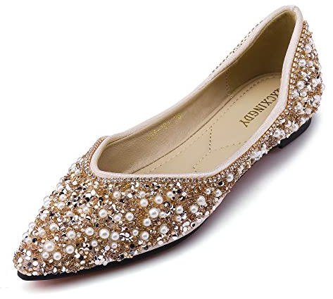 Women's Rhinestone Flats Fashion Pointed Toe Pearl Diamond Low Heel Dress Wedding Flats Work Business Dance Ballet Flats Gold Size - 7