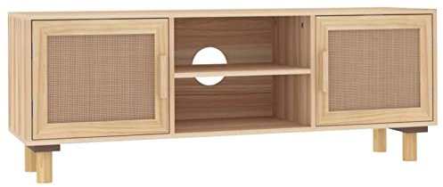 Keketa TV-Schrank mit 2 natürlichen Rattan-Türen, moderne TV-Konsole Medieneinheit HiFi-Stereoschrank Wohnzimmermöbel Fernsehtisch Sideboard Ständer Einheit Braun 105x30x40cm Massivholz Kiefer