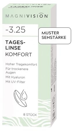 MAGNIVISION Tageslinsen Komfort weiche Kontaktlinsen für -3,75 Dioptrien | 8 Stück | BC 8.6 | DIA 14.2 | Kontaktlinse mit Hyaluron und UV-Filter für empfindliche Augen | ohne Konservierungsstoffe