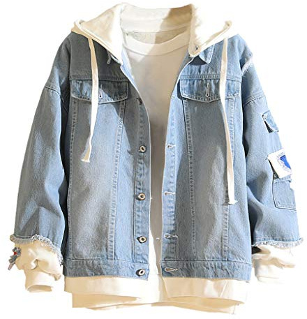 OBiQuzz Veste en jean pour homme Vintage avec capuche Slim-Fit Manches longues Décontractée Hoodie Jean Jacken Manteaux à capuche Costumes Unisexe Jeans Pullover Tops Veste intérieure, bleu clair, M
