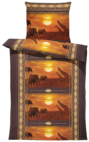 one-home Bettwäsche 135x200 cm Afrika Safari Elefanten Giraffen Tiere braun Microfaser