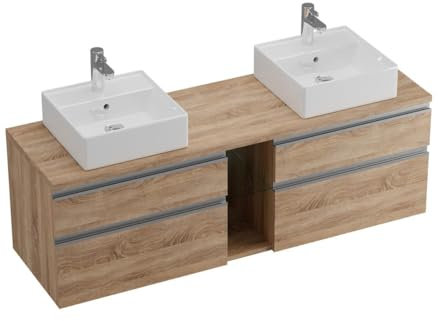 Vente-unique-Mueble de baño Flotante con Doble Lavabo - Color Natural Claro - 150 cm - Magdalena II