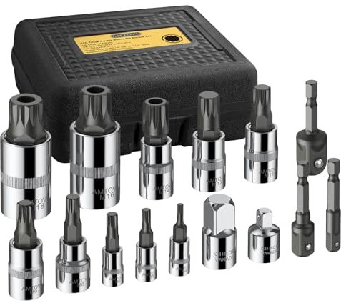 AMTOVL 15-Piece Triple Square Spline Bit Socket Set - S2 Alloy Steel & 50BV30 CRV XZN Bits - Includes 1/4, 3/8, 1/2 Drive Sizes (4,5,6,8,9,10,16,18mm) with Adapter - Fit for Automotive & DIY