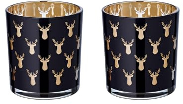 EDZARD Teelichtglas Rosy 2er-Set (Höhe 8 cm, Ø 7 cm), schwarz, innen Gold | Hirsch-Motiv leuchtet golden im Kerzenschein · 2er-Set für Esstisch und Fensterbank · für Teelichter