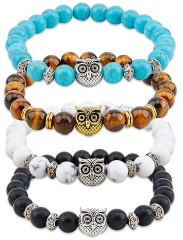 SUPERFINDINGS 4 Stück Eulen Perlenarmband 5.5mm Heilenergie Glücksstein Armbänder Naturstein Yoga Perlen Elastische Armbänders Stretch Armband Herren Perlen Für Frauen Und Mädchen