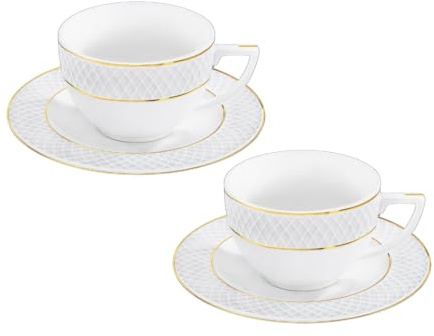 Wilmax - Tasses avec soucoupes - Motif doré - Lot de 2-240 ml - Tasses à café en porcelaine - Blanc - Service de table pour 2 personnes - Service de tasses pour café, thé, desserts