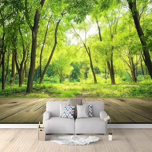 Fotomurales 3D Bosque Verde Suelo De Madera 300x210 cm Papel Pintado Fotográfico, Decoración De la Pared Murales para Salón, Dormitorio, Habitación para Niños, Pared de TV