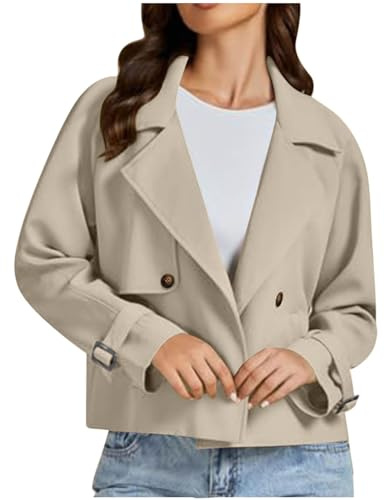 Women's Jackets Cropped Trench Coats Lapel Double Breasted Blazer Long Sleeve Casual Jacket Button Down Peacoat Trench Jackets Overcoat Winter Coat Outerwear with Pockets