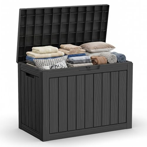 DRATO 45 Gallon Deck Box, Outdoor Storage Box for Patio Furniture, Patio Cushions, Gardening Tools, Pool Supplies 480lbs Weight Capacity,Waterproof Resin Storage Boxes（Black，45 Gallon）