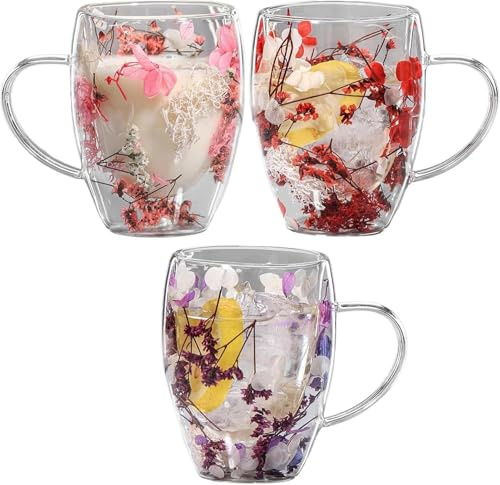 wiroouia 3 Stück Doppelwandige Kaffeetassen mit Trockenblume, Doppelwandige Glasbecher mit Trockenblume, Kreative Trockenen Blumen Kaffeegläser Latte Macchiato Gläser für Cappuccino, Tee, Milch, Bier