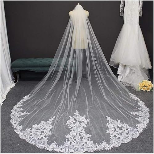 Hochzeitsschleier, Spitzen-Hochzeitsschleier, Langer Brautschleier mit Kamm, eleganter Schleier für Braut, Hochzeitszubehör, Schleier, Elfenbein, 400 cm
