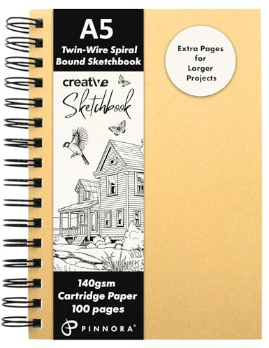 Pinnora Creative A5 Skizzenbuch, Spiralbindung, Skizzenbuch mit 100 Seiten Mischtechnikpapier, 140 g/m², Skizzenbuch A4, Kraft-Zeichenblock, Skizzenblock und Buch für alle Künstler