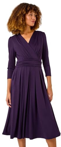 Roman Fit and Flare Dress for Women Ladies Chest Twist Knot Ruched Tea Skater Empire Waist Wedding Guest Smart Casual Swing Midi 3/4 Long Sleeve Knee Length