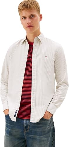 Tommy Jeans herr TJM Slim Stripe Oxford Shirt EXT DM0DM20668 L/S skjorta, grön (mörkgrönska/ränder), M, Grön (mörkgrönska/ränder), M