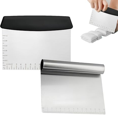 2 PCS Stainless Steel Dough Scraper,Food Scraper with Handle and Measuring Ruler,Food Grade Stainless Steel Dough Cutter with Precision Scale,Multi-Purpose Kitchen Tool for Bread Pastry,Vegetables