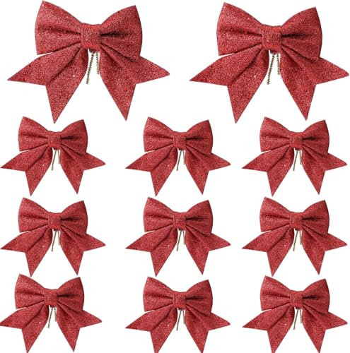 YY-JUNYING 12 Stück Rote Schleifen Weihnachten Glitzer Weihnachtsbaum Schleifen Weihnachtsbaumschmuck für Familienfeiern Party Dekoration für Weihnachten Urlaub Hochzeit Feierlichkeiten
